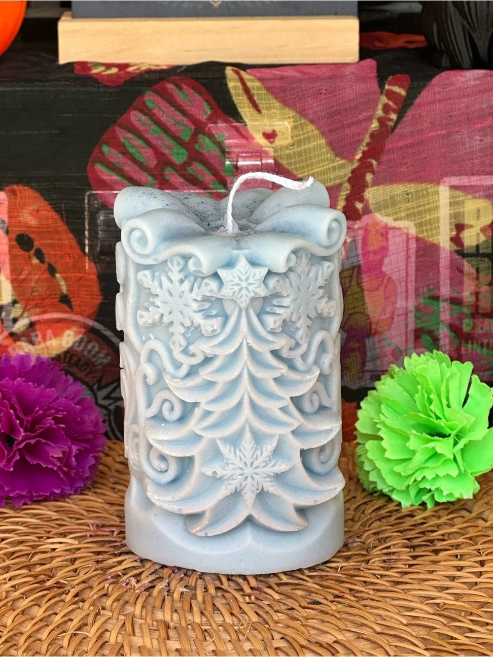 Icy Blue Christmas Tree Pillar Candle